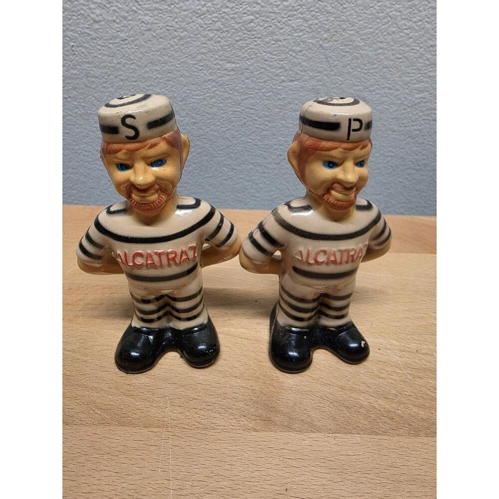 Vintage Alcatraz Prisoner Salt & Pepper Shakers Set Convict Theme Kitchen Decor